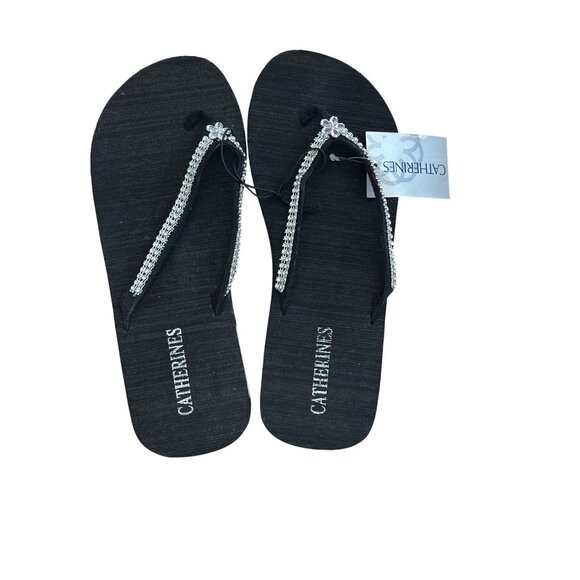 Catherines Black Rhinestone Womens Flip Flops With 2" Heel M(7W/8W) GiGi - Picture 1 of 6